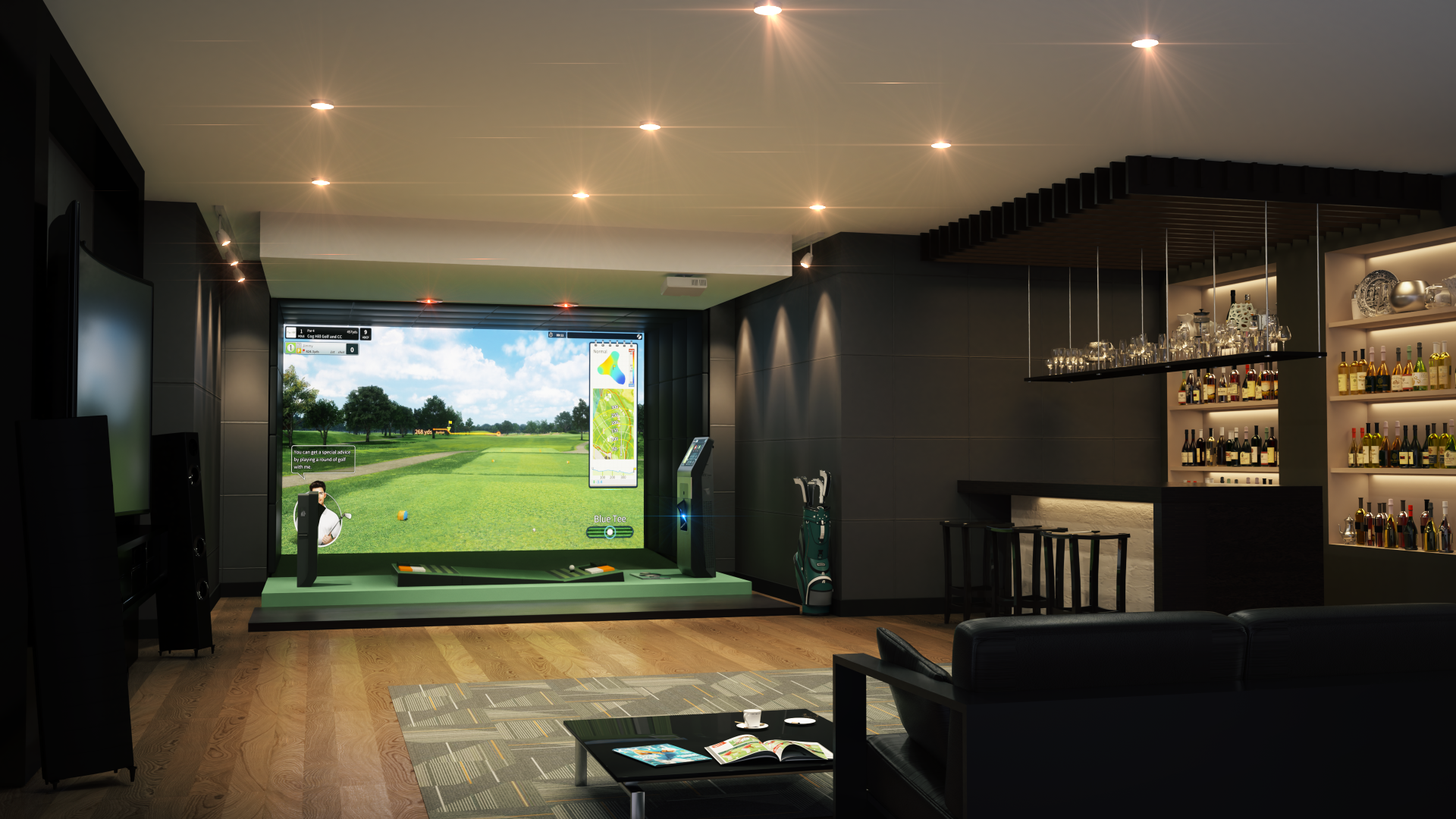 Golfzon simulator setup inside a home for design ideas
